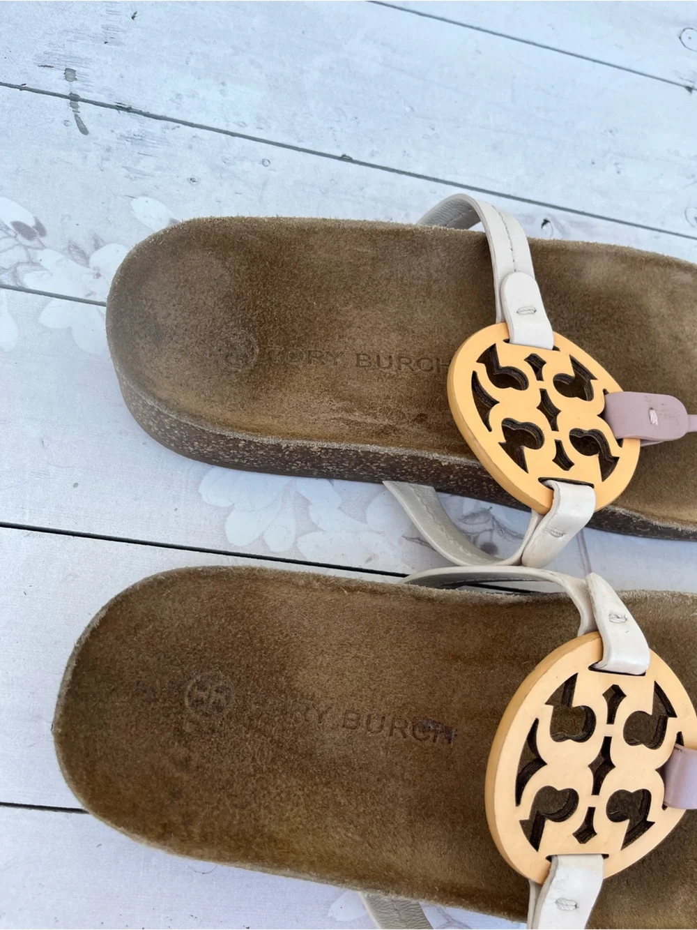 Tory Burch Beige and Gold Logo Thong Sandals